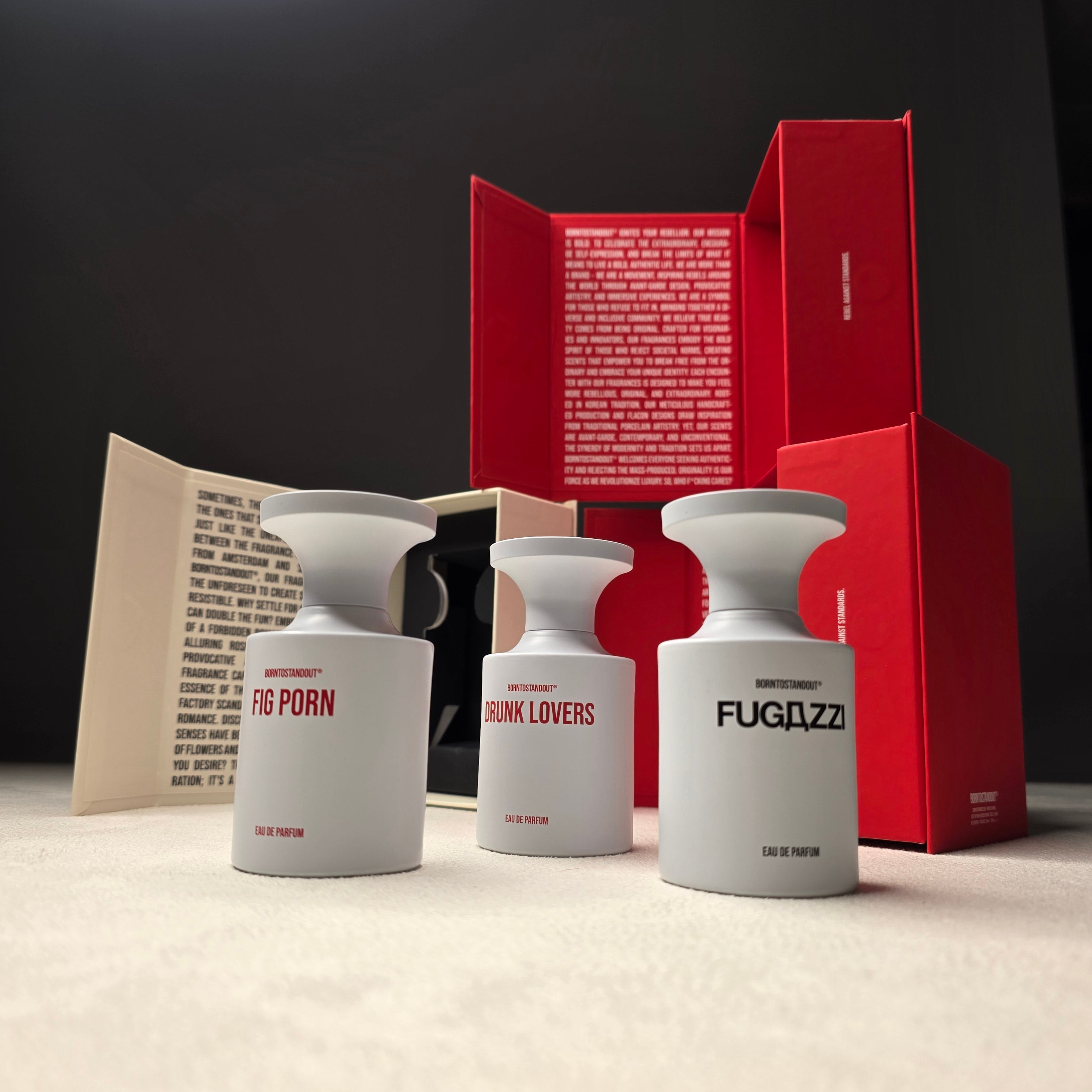Image of BORNTOSTANDOUT niche fragrances including Fig Porn and Fugazzi